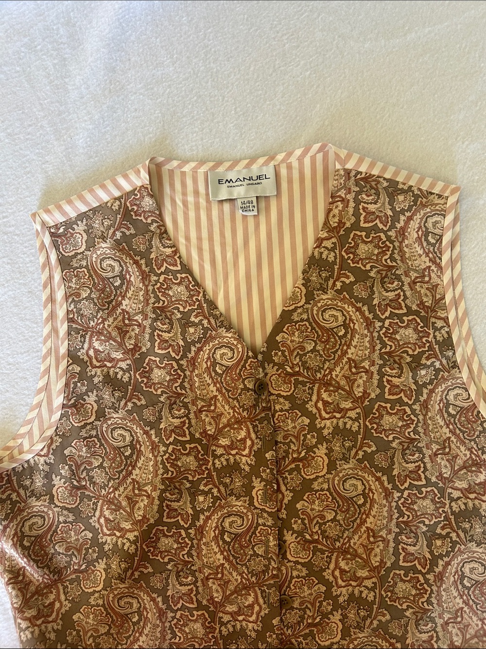 Emanuel Ungaro Pink and Brown Paisley Button-Front Vest 100% silk